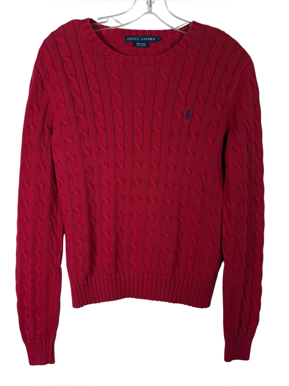 Ralph Lauren Red Cable Knit Blue Logo Sweater Old Money Preppy Large L Fisherman